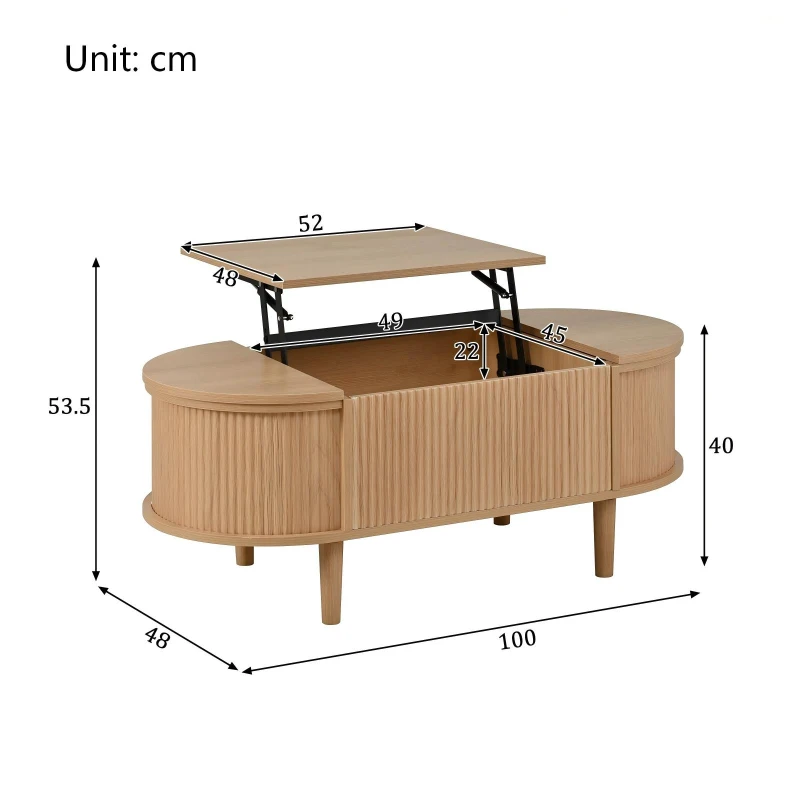 Oval Height-Adjustable Coffee Table with Flip-Top Storage, Vintage-Style Accent Table for Apartments, 100L x 48W x 53.5H cm, Walnut