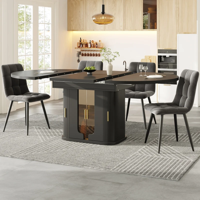 Extendable Dining Table with Glass Doors and Hidden Storage, Space-Saving Oval Dining Table for Up to 6 People, 120-160L x 118W x 77H cm, Black