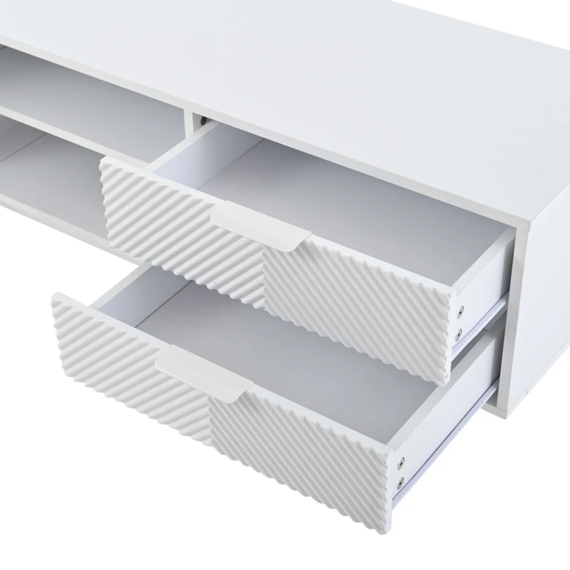 Modern Minimalist TV Cabinet with Cable Management, Sideboard with 2 Doors, 2 Drawers and 1 Open Shelf, 200L x 40W x 50.5H cm, White