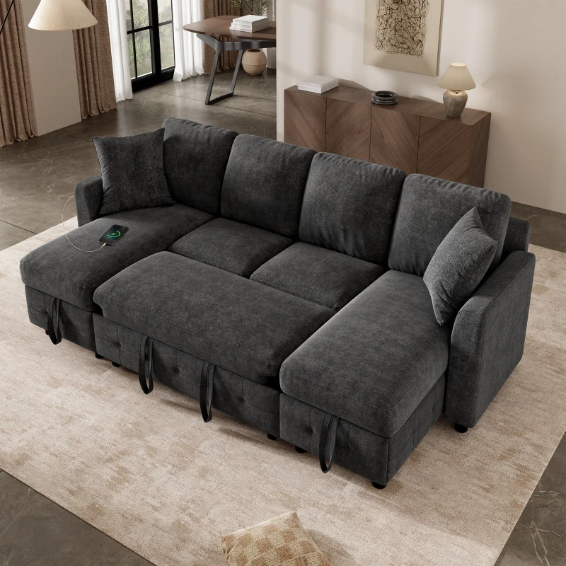 Modern U-Shaped Sectional Sofa with 2 Storage Chaise Lounges, Convertible Sleeper Couch with 2 Square Cushions, 260L x 128W x 82H cm, Gray