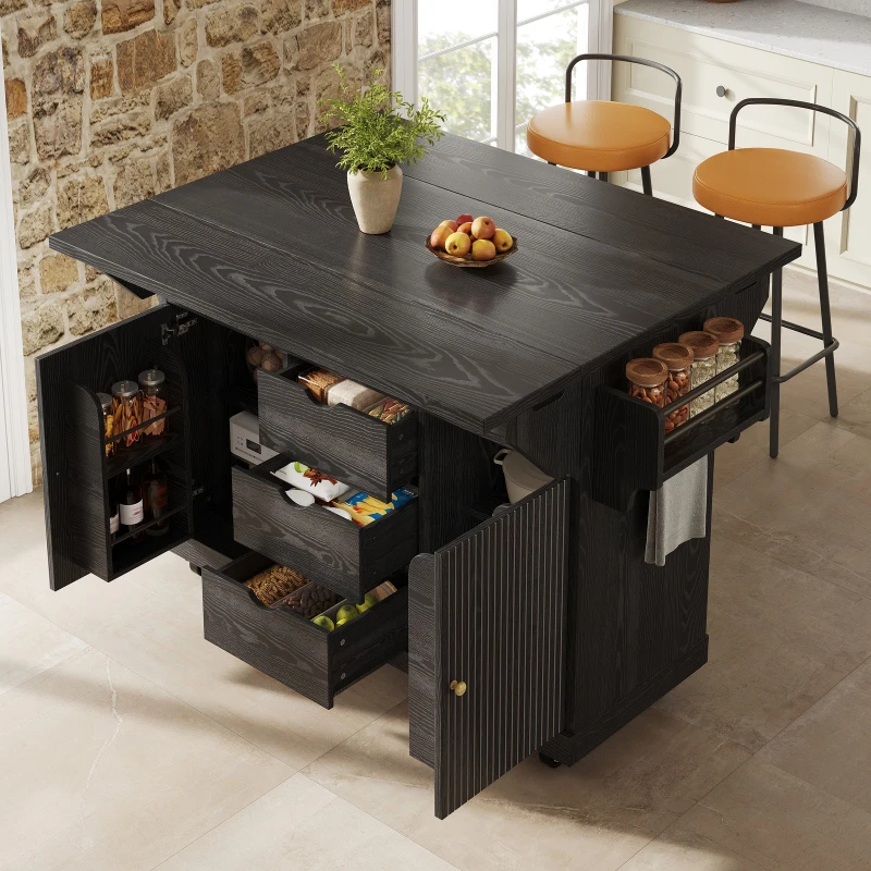 Foldable Serving Trolley with Ergonomic Height and Fold-Out Tabletops, Storage Cart with Braked Castors, 142.5L x 80W x 95H cm, Black