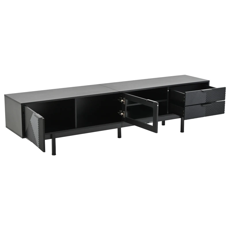 Modern Minimalist TV Cabinet with Cable Management, Sideboard with 2 Doors, 2 Drawers and 1 Open Shelf, 200L x 40W x 50.5H cm, Black