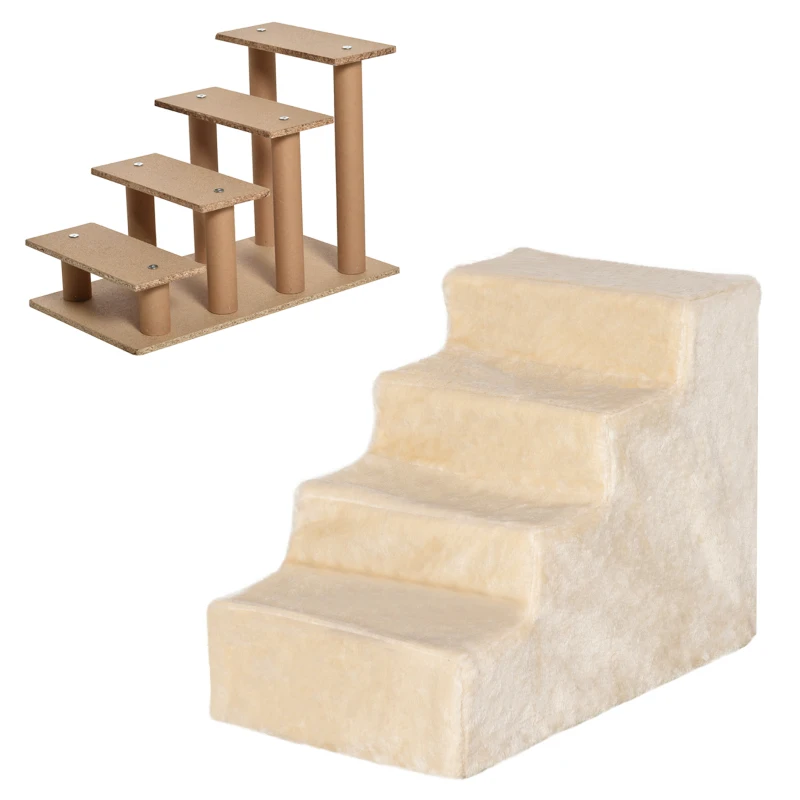 PawHut Scaletta per Cani Portatile a 4 Gradini, in Tessuto Vellutato Sfoderabile e Truciolato, 60x35x44 cm, Beige