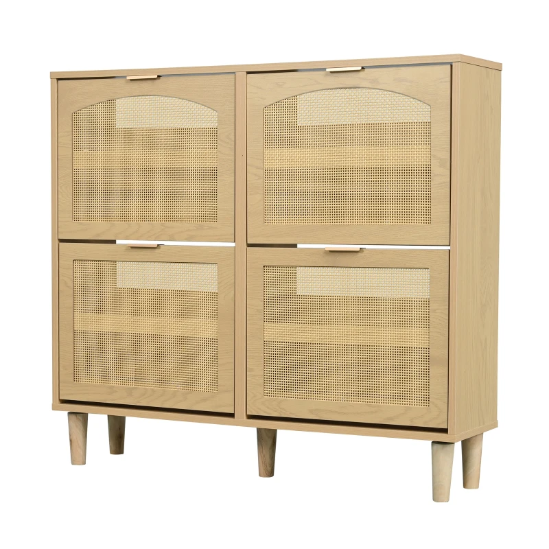 Rattan Narrow Shoe Cabinet with 4 Flip Drawers, Space-Saving Entryway Storage for Hallway, 100L x 25W x 90.5H cm, Light Oak