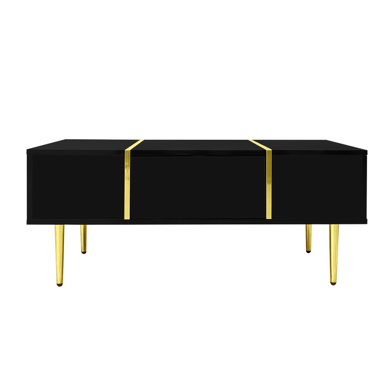 High-Gloss Coffee Table with Two Drawers and 19.5 cm Clearance, Modern Center Table for Living Room, 100L x 60W x 41.5H cm, Black+Gold