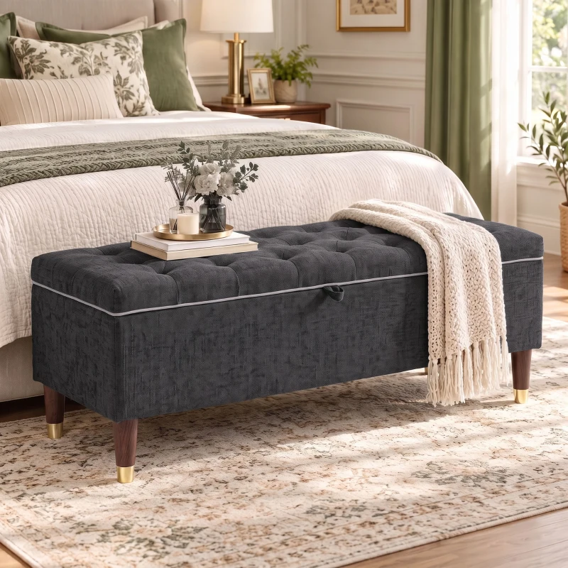 HOMCOM Cassapanca 78L Pouf Contenitore 117x44x45cm, Seduta Imbottita 2 Posti in Tessuto Effetto Lino, Grigio Scuro