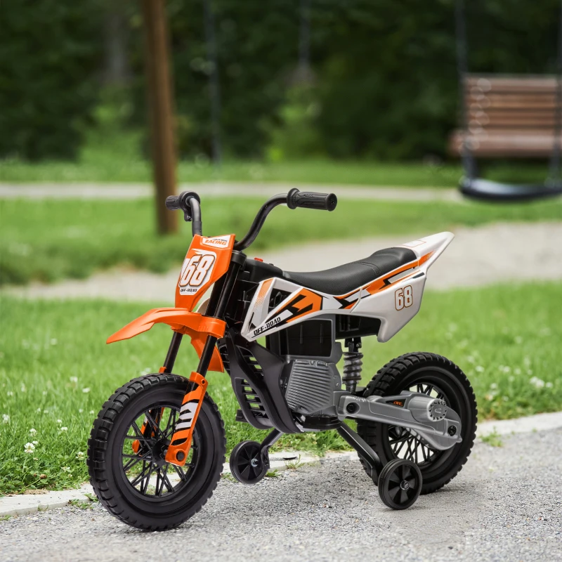 AIYAPLAY Moto Elétrica Infantil 12V com Música, Velocidade 2,4-5 km/h, Rodas Auxiliares, 109,5x60x72,5 cm, Laranja