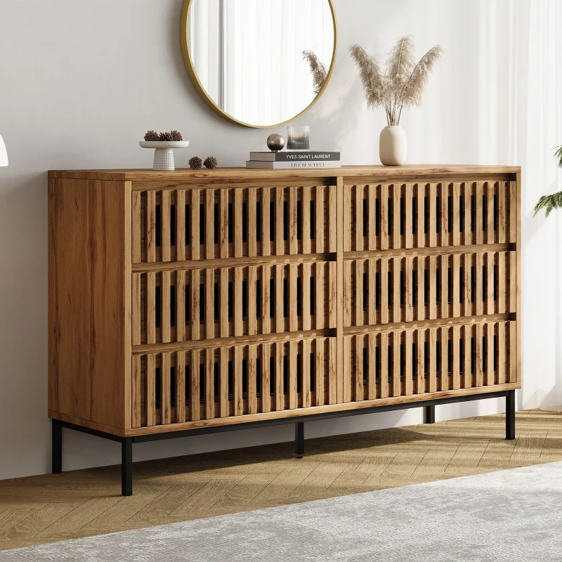 Modern Sideboard with 6 Ventilated Openwork Drawers, Practical Storage Cabinet for Hallway and Living Room, 120L x 40W x 81H cm, Natural