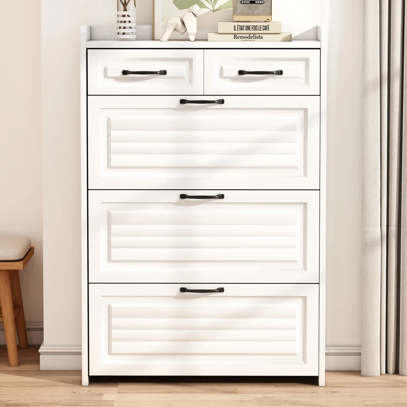 Modern Wooden Shoe Cabinet with 3 Flip Louvered Doors and 2 Drawers, Space-Saving Entryway Storage for Hallway, 80L x 23.5W x 131H cm, White