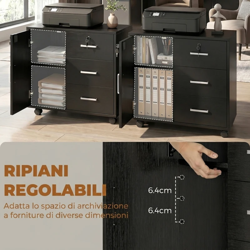 HOMCOM Mobile Con 3 Cassetti, Mensola Regolabile, Supporto Stampante e Serratura, Nero