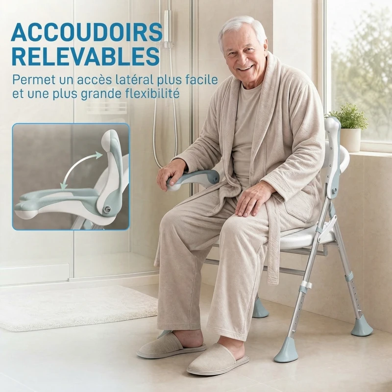 HOMCOM Tabouret de Douche Pliable, Hauteur Réglable à 5 Niveaux, Pieds Antidérapants en TPR, Aluminium, 51,5x61,5x74,5cm, Blanc