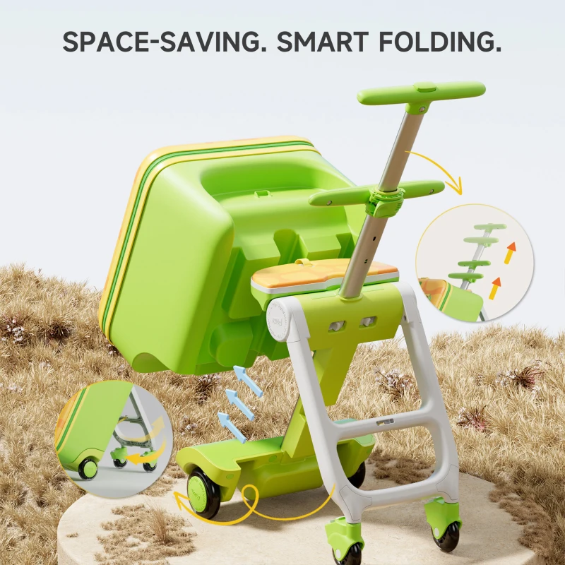 Fun Ride-On Kids Suitcase with 3-in-1 Stroller Function, Lightweight Trolley Cabin Luggage with One-Button Brake, 39L x 28.5W x 57H cm, Green
