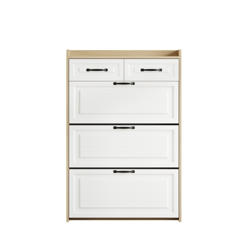 Modern Wooden Shoe Cabinet with 3 Flip Louvered Doors, Space-Saving Organiser Cupboard with 2 Drawers, 80L x 23.5W x 131H cm, White+Natural
