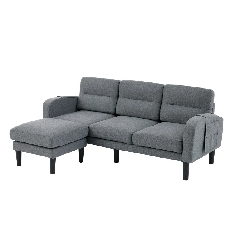 L-Shaped Sectional Sofa with Movable Chaise and Storage Pockets, Modular 3-Seater Corner Sofa for Living Room, 204L × 136W × 80H cm, Grey