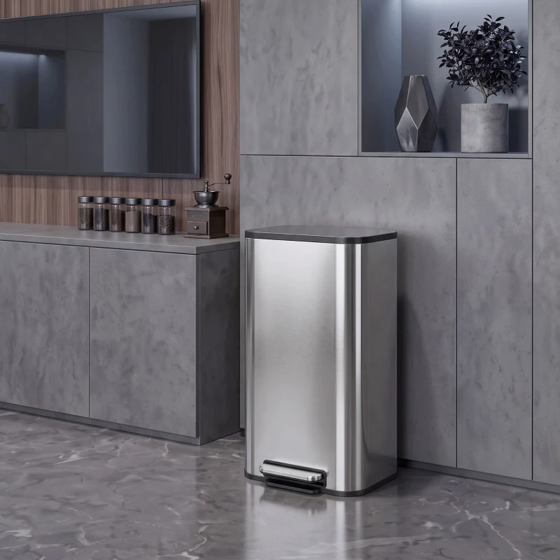 HOMCOM 30L Küchenmülleimer, Treteimer aus Edelstahl mit Soft-Close- und Offenhaltefunktion, herausnehmbarer Inneneimer, Silber