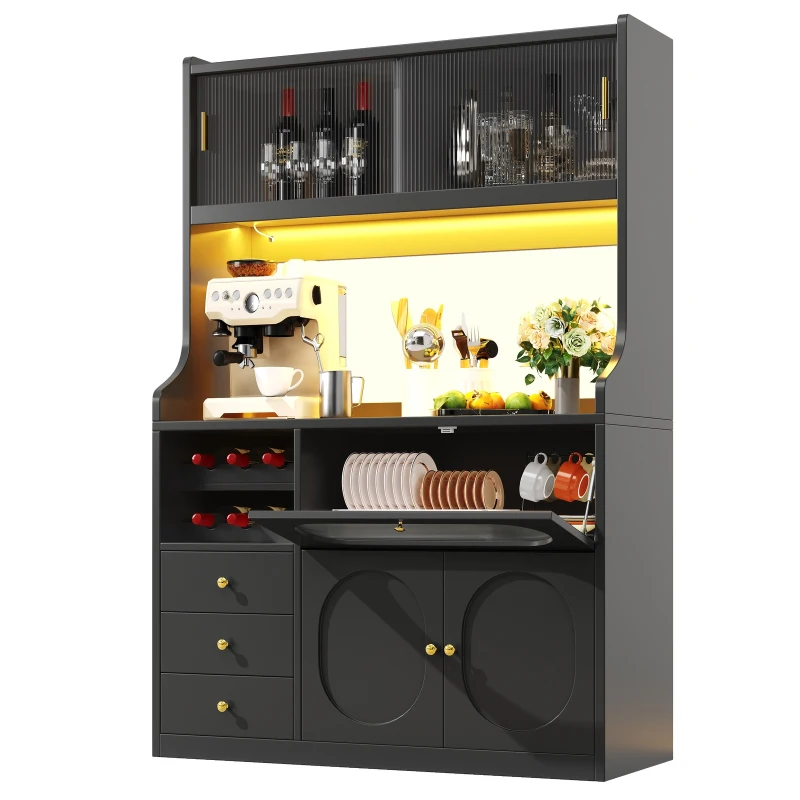 Tall Kitchen Cabinet with App-Controlled RGB LED and Glass Doors, Storage Unit with Wine Rack and 3 Drawers, 120L x 40W x 180H cm, Black