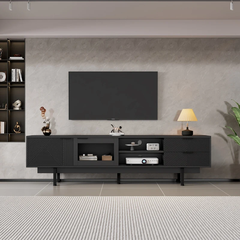 Modern Minimalist TV Cabinet with Cable Management, Sideboard with 2 Doors, 2 Drawers and 1 Open Shelf, 200L x 40W x 50.5H cm, Black