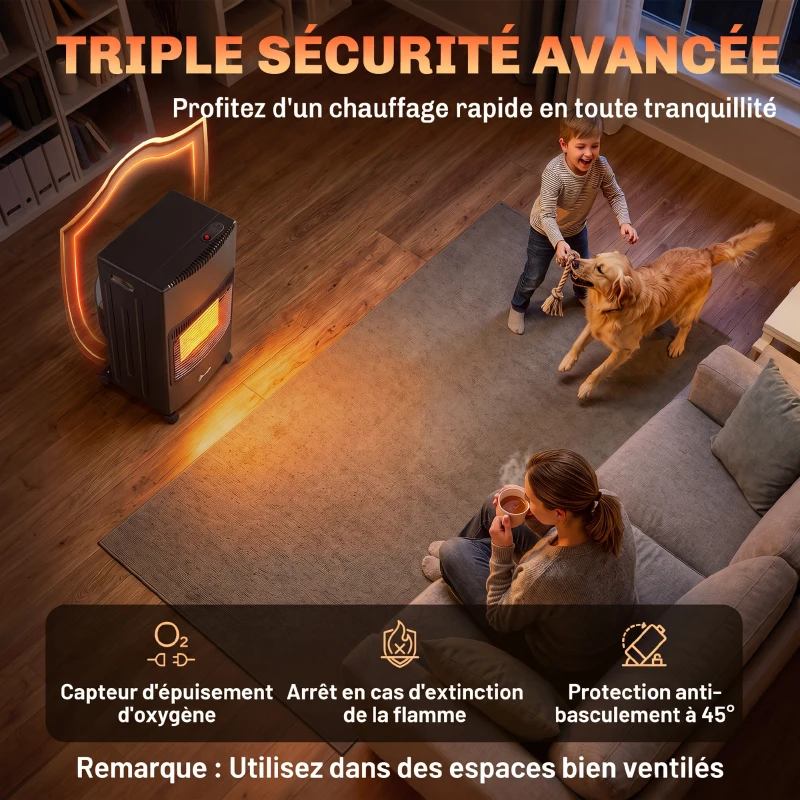 Outsunny Chauffage au Gaz Poêle à Gaz 4200W Infrarouge Pliable 3 Puissances Système ODS Anti-Basculement Housse 46x42x75cm Noir