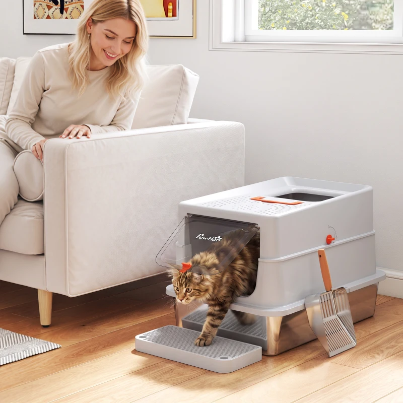 PawHut Arenero para Gatos de Acero Inoxidable XL con Tapa Borde Alto 2 Entradas Escalón Pala Diseño Desmontable Gris Claro