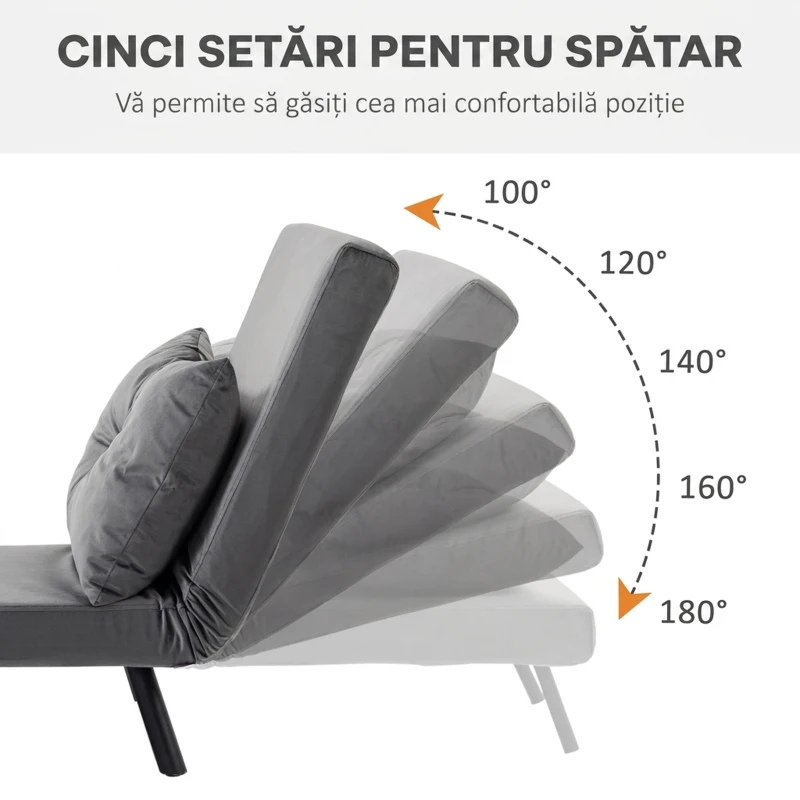 HOMCOM Fotoliu Pat 3 în 1 cu Spătar Rabatabil în 5 poziții și Pernă, 63x73x81 cm, Gri Închis(m-5)