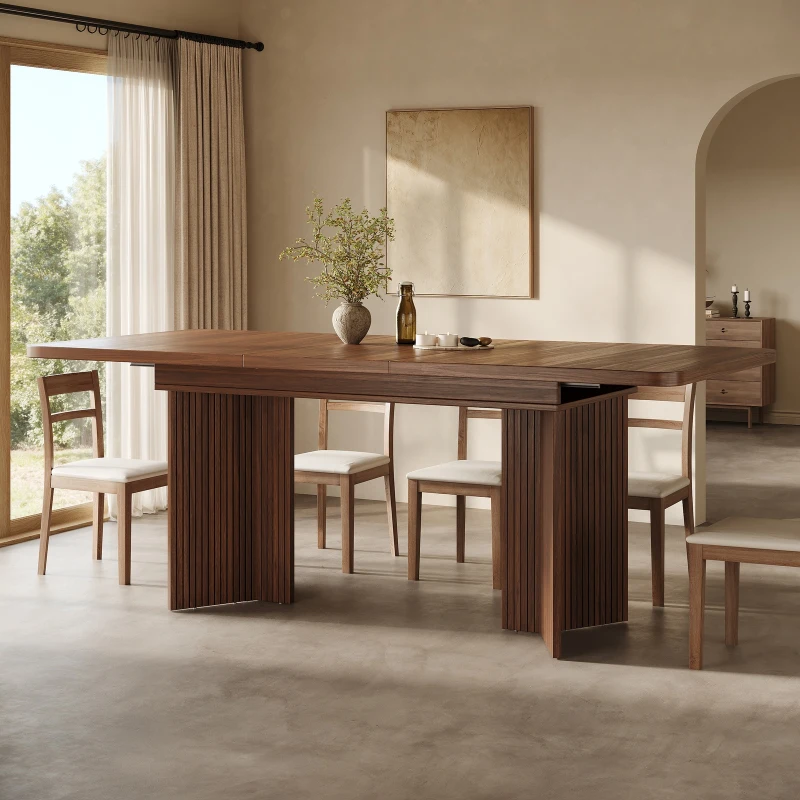 Extendable Dining Table with Grooved V-Shaped Legs, Space-Saving Dining Table for Flats and Family Meals, 120-160L x 80W x 76H cm, Walnut