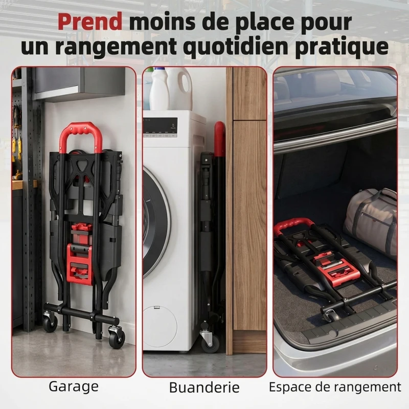 HOMCOM Diable et Chariot de Transport à Roulettes Pliable 2-en-1, Charge Max 120 kg, Base Rabattable, Acier, 83x44x78cm, Rouge
