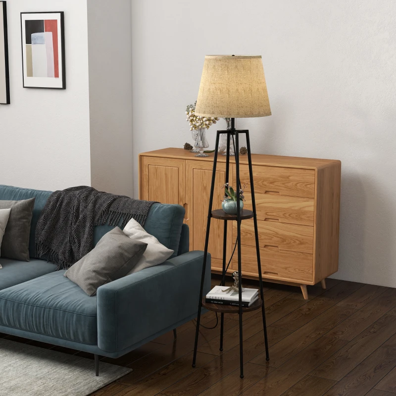 HOMCOM Lámpara de Pie con 2 Estantes de Almacenamiento con Base E27 40W Interruptor de Cadena Pantalla de Tela Marrón