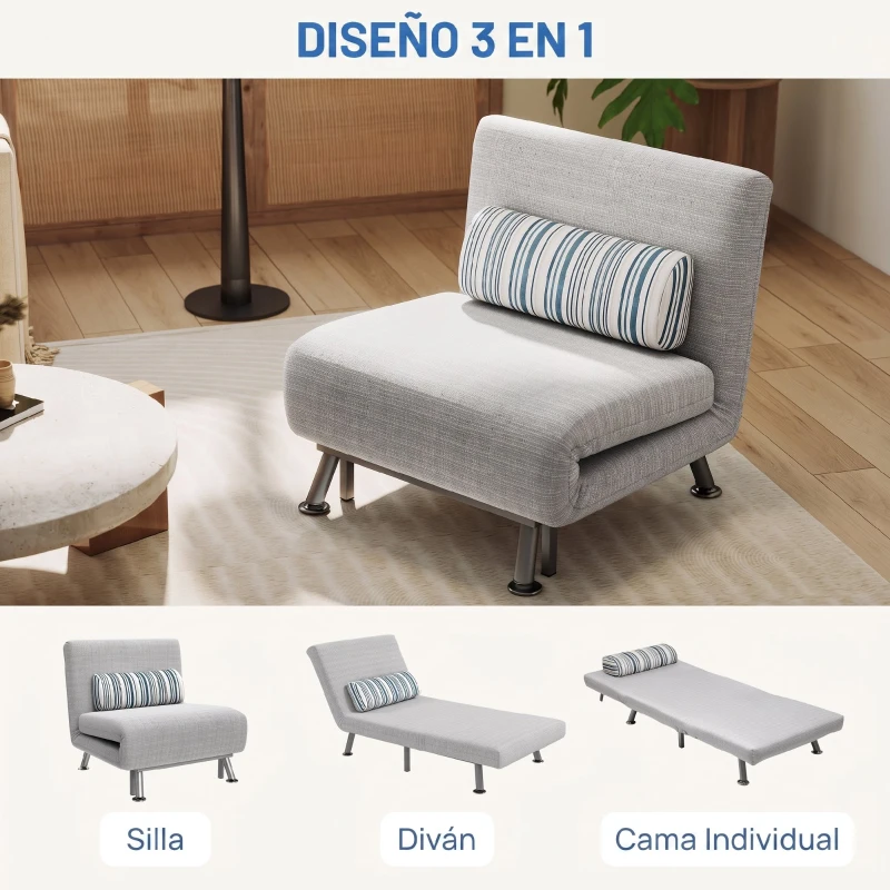HOMCOM Sofá Cama Individual Plegable con Respaldo Ajustable de 5 Niveles Cojín y Tapizado de Lino Sintético 75x70x75 cm Gris