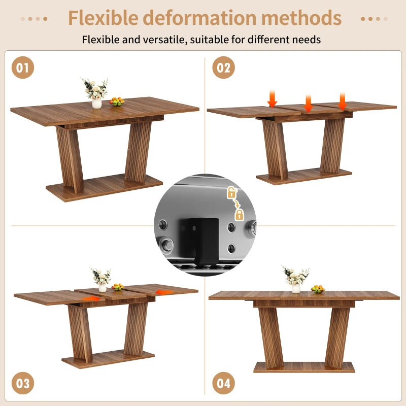 Extendable Dining Table with Double-Column Base, Space-Saving Kitchen Table with Anti-Slip Feet, 120-160L x 80W x 76H cm, Dark Brown
