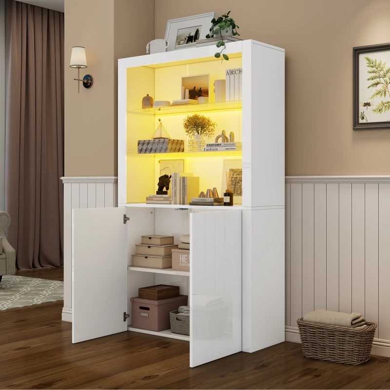 High-Gloss Display Cabinet with Bluetooth-Controlled LED Lighting, Tall Storage Cabinet for Living Room and Playroom, 100L x 35W x 170H cm, White