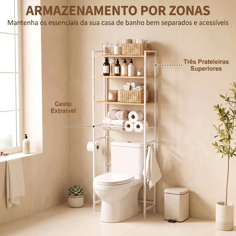 HOMCOM Móvel sobre a Sanita com 3 Níveis, Porta-Rolos, Prateleiras Ajustáveis, Cesto Extraível e Ganchos, Carvalho