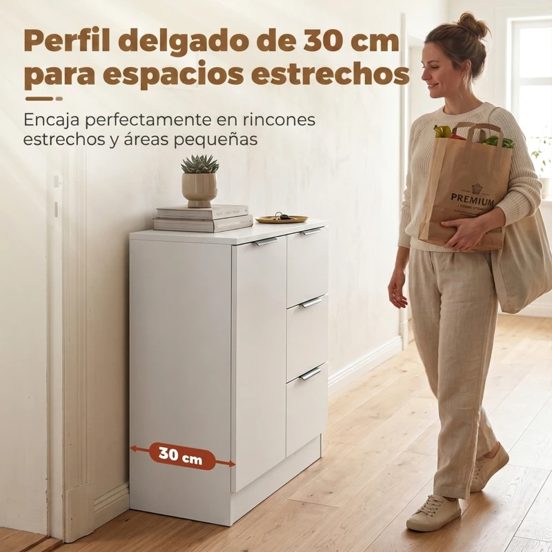 HOMCOM Aparador de Salón Estrecho con Puerta 3 Cajones 60x30x70 cm para Entrada Comedor Blanco