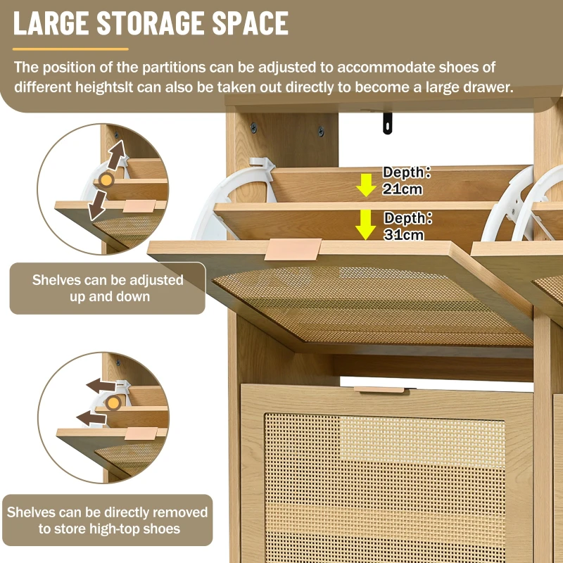 Rattan Narrow Shoe Cabinet with 4 Flip Drawers, Space-Saving Entryway Storage for Hallway, 100L x 25W x 90.5H cm, Light Oak
