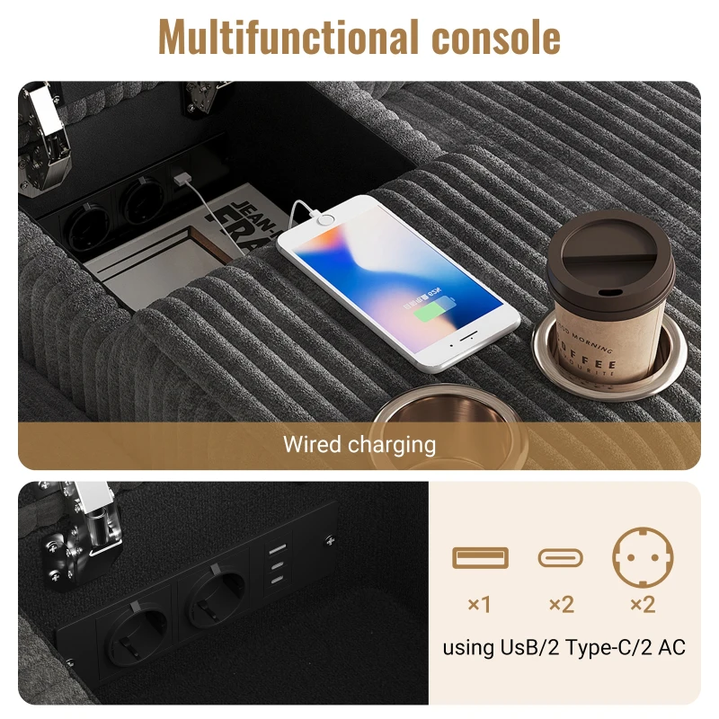Modern Corduroy U-Shaped Sectional Sofa with 2 Movable Storage Ottomans, Soft Convertible Couch with 2 Type-C Charging Ports, 315L x 135W x 81H cm, Grey