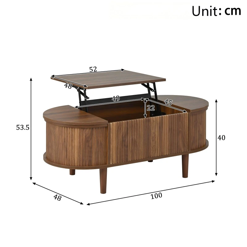 Vintage-Style Oval Coffee Table with Lift-Top and Storage, Multifunctional Storage Table for Living Room, 100L x 48W x 53.5H cm, Walnut