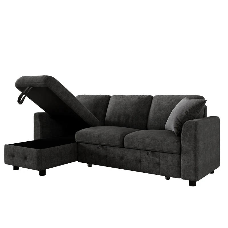 Modern Chenille L-Shaped Sectional Sofa with Storage Chaise Lounge, Soft Convertible Sleeper Couch with 2 Cushions, 200L x 130.5W x 83.5H cm, Gray