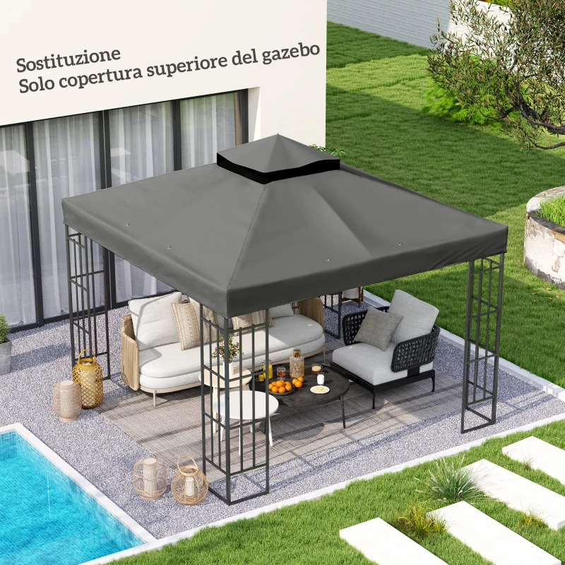 Outsunny Copertura per Gazebo da Giardino 3x3m UPF30+ a 2 Livelli in Poliestere Grigio Scuro