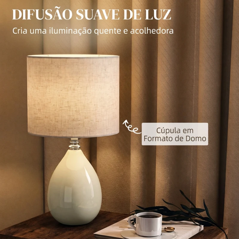HOMCOM Candeeiro de Mesa Vintage com Base em Cerâmica, Abat-Jour em Linho e Interruptor Basculante, Creme