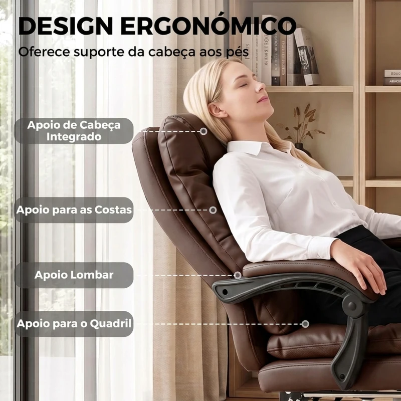 HOMCOM Cadeira de Escritório Ergonómica com Apoio para os Pés Molas Ensacadas Reclinável 155° Encosto Alto Apoio de Cabeça Castanho