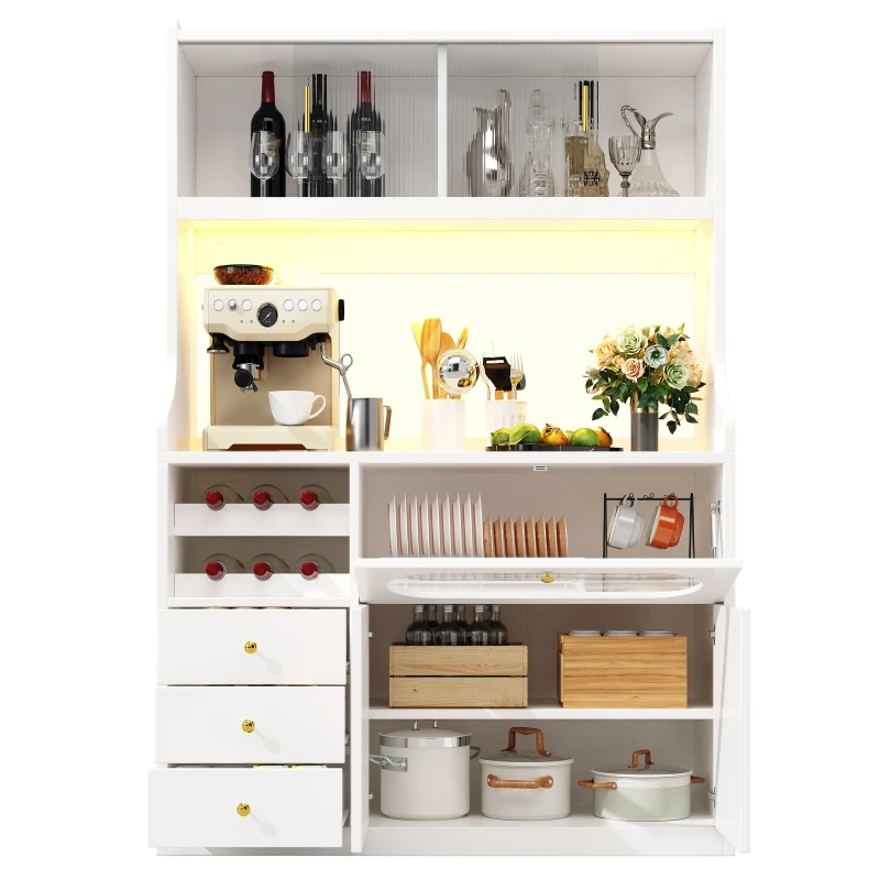 Tall Kitchen Cabinet with App-Controlled RGB LED and Glass Doors, Storage Unit with Wine Rack and 3 Drawers, 120L x 40W x 180H cm, White