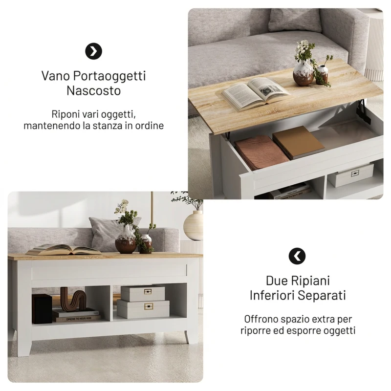 HOMCOM Tavolino da Caffè Industriale con Vano Portaoggetti, Piano Sollevabile, Tavolo Salotto per Soggiorno Casa Ufficio, 105x50x49cm, Bianco, Naturale