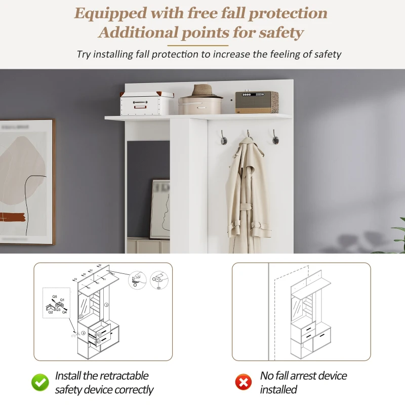 Modern Hall Tree with Mirror and Fold-Out Shoe Rack, Space-Saving Entryway Organizer with 3 Hooks and Drawers, 90L x 30W x 180H cm, White