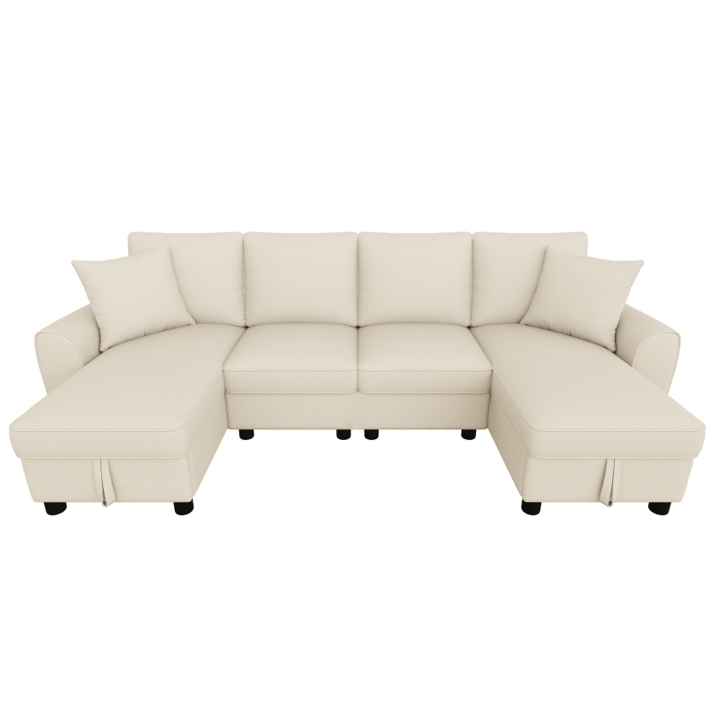 Modern Chenille U-Shaped Sectional Sofa with 2 Storage Chaise Lounges, Soft Convertible Couch with 2 Square Cushions, 272L x 131.5W x 84H cm, Beige
