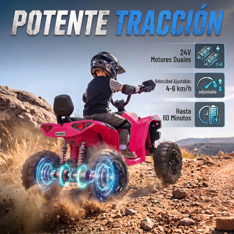 AIYAPLAY Quad Eléctrico Niños 24V 2 Plazas 2 Motores 120 W Batería de Litio Suspensión Arranque Suave 4-6 km/h 3-8 Años Rosa