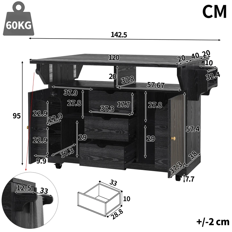 Foldable Serving Trolley with Ergonomic Height and Fold-Out Tabletops, Storage Cart with Braked Castors, 142.5L x 80W x 95H cm, Black