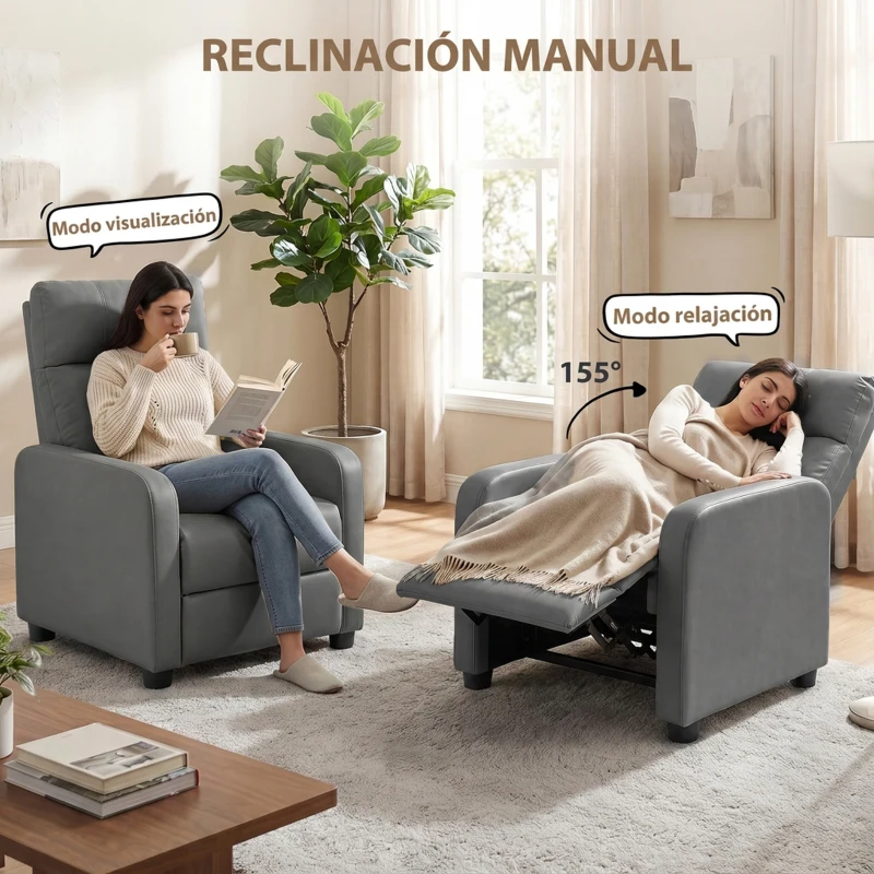 HOMCOM Sillón Relax Reclinable Manual hasta 155° Tapizado en PU Reposapiés Respaldo Alto Grueso y Asiento Amplio Gris