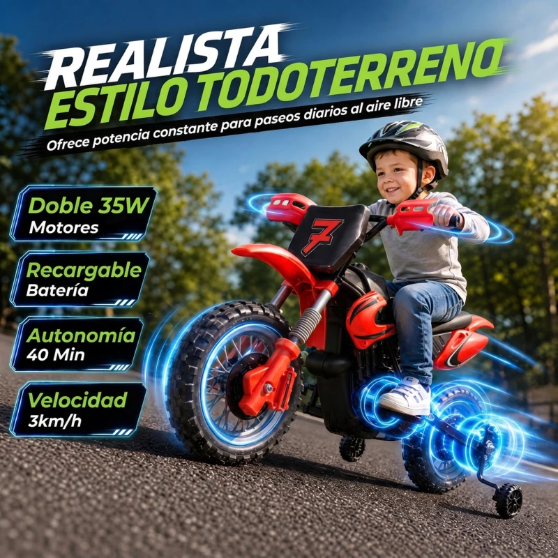AIYAPLAY Moto Eléctrica Niños 12V con 2 Ruedas Auxiliares Desmontables 2 Motores Suspensión Trasera 3 km/h 3-6 Años Rojo