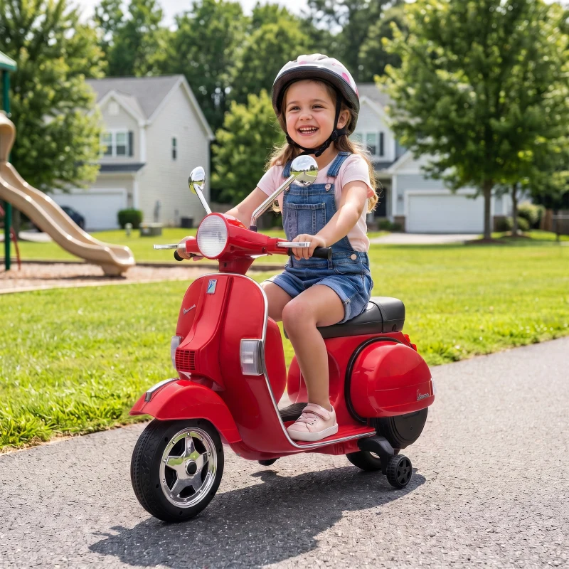 AIYAPLAY Moto Eléctrica Niños 12V Vespa PX150 Ruedas Auxiliares 2 Motores Suspensión Trasera Música Faros 3 km/h 3-6 Años Rojo