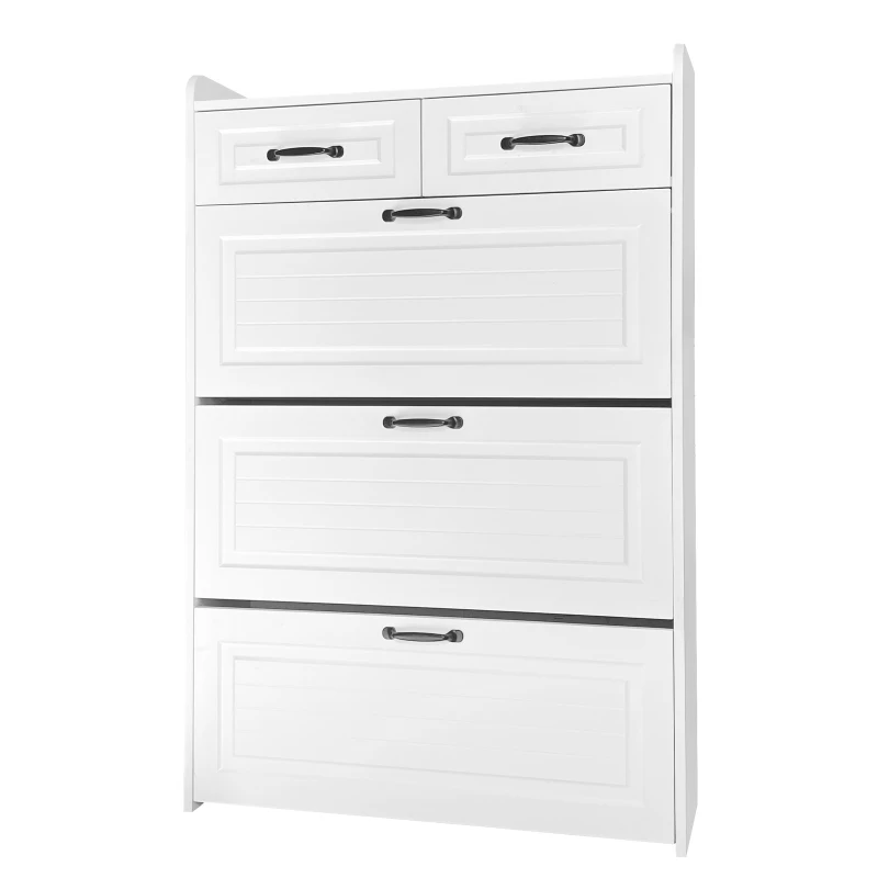 Modern Wooden Shoe Cabinet with 3 Flip Louvered Doors and 2 Drawers, Space-Saving Entryway Storage for Hallway, 80L x 23.5W x 131H cm, White