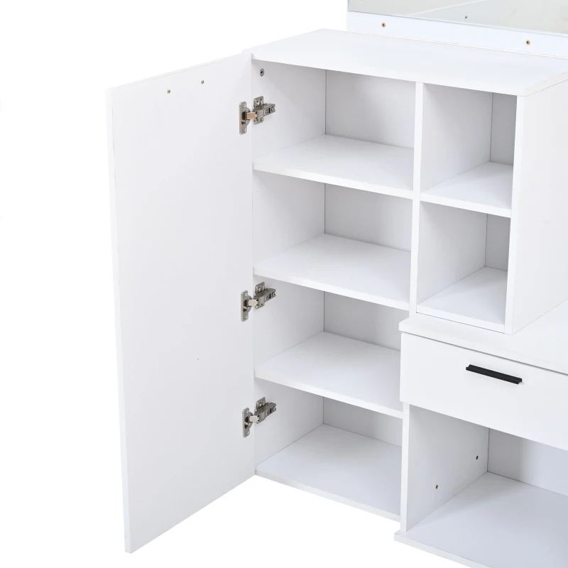 Hallway Storage Unit with Mirror and 4 Hooks, Space-Saving Shoe Cabinet with 10 Compartments for Entryway, 120L x 35W x 175.5H cm, White